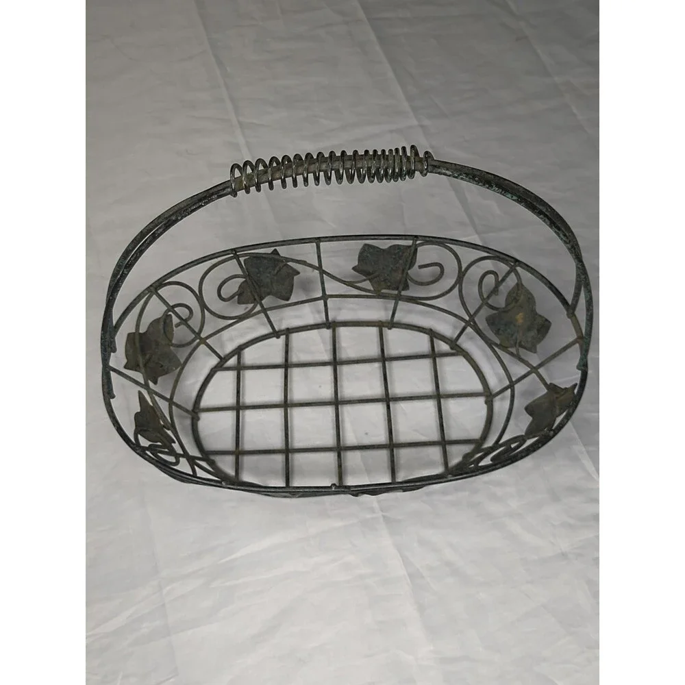 Decorative Wire Basket With Antique Green Leaf Accents Center Piece Egg Gather